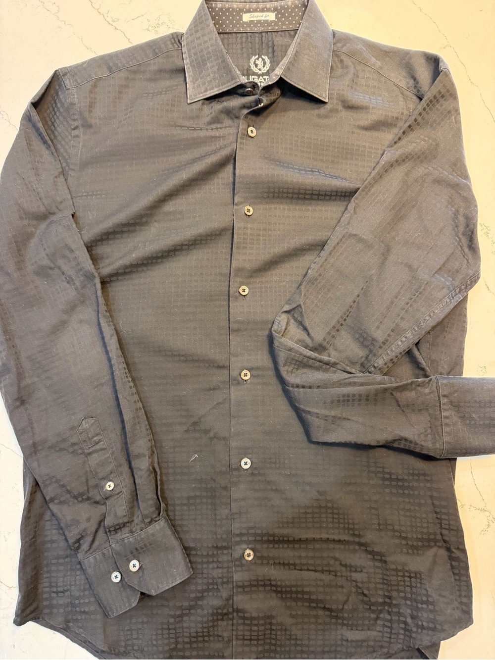 Bugatchi Uomo Mens Black Geometric Jacquard Shaped Fit Button Down Shirt Medium